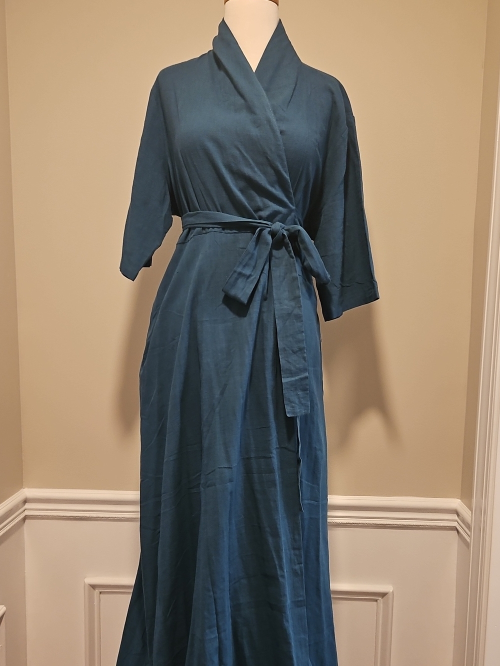 Teal Linen Wrap Maxi Dress